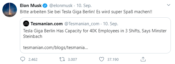 Twitter-Post von Elon Musk mit Werbung für Arbeit bei Tesla