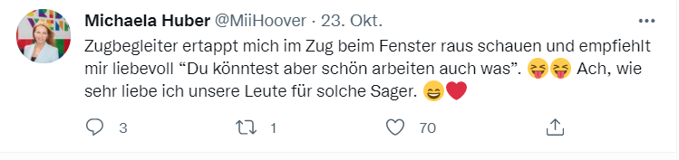 Twitter-Post von Michaela Huber über Arbeit bei ÖBB