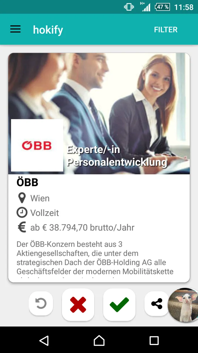 Screenshot: Detailansicht eines Jobangebots in der hokify-App