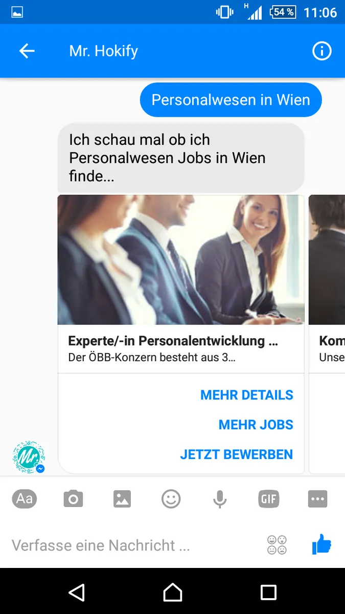 Screenshot: Mr. Hokify zeigt Jobangebote im Personalwesen in Wien