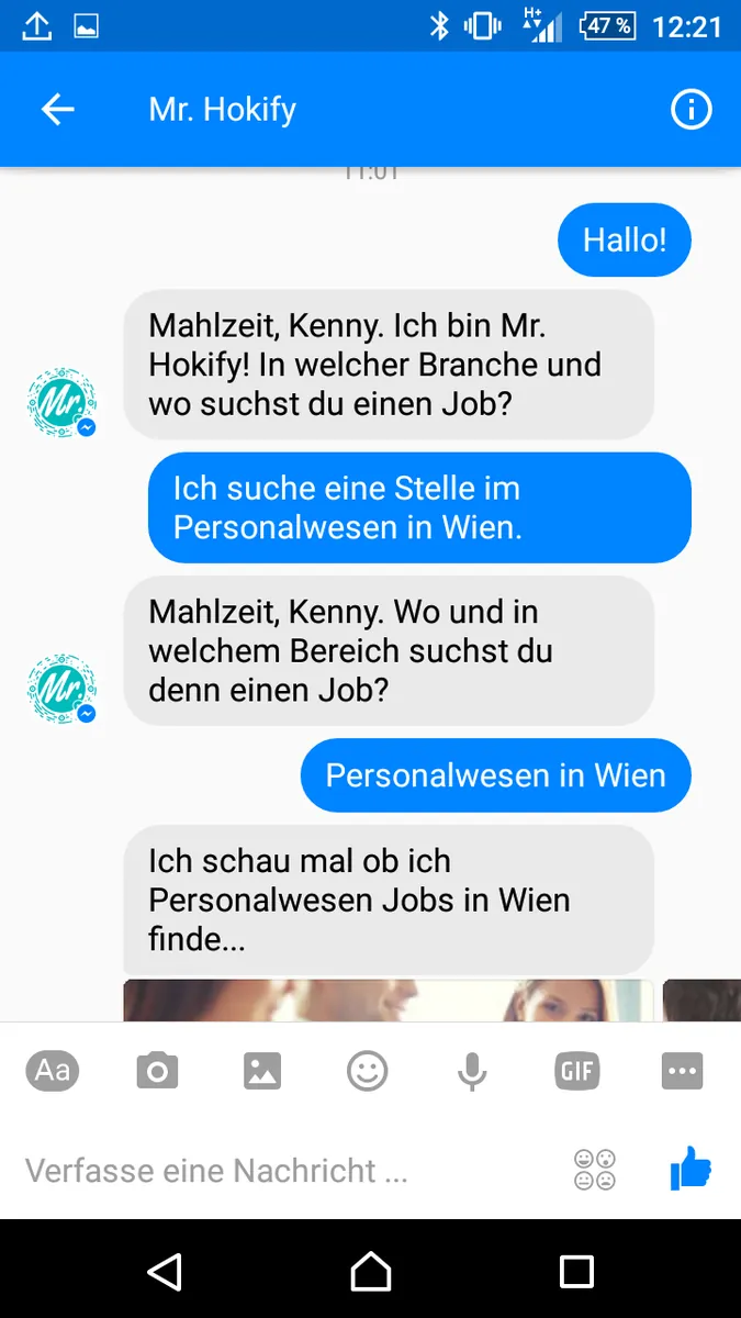 Screenshot: Chatverlauf, in dem Mr. Hokify nach Branche und Ort fragt