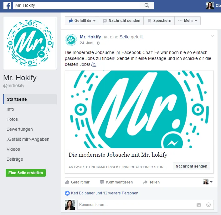 Screenshot: Facebook-Seite des Chatbots Mr. Hokify
