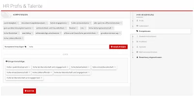 Screenshot: Eingabe der Kompetenzen in Prescreen