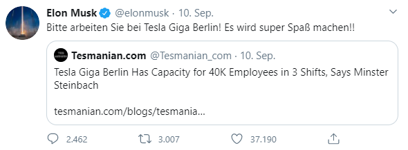 Twitter-Post von Elon Musk mit Werbung für Arbeit bei Tesla 